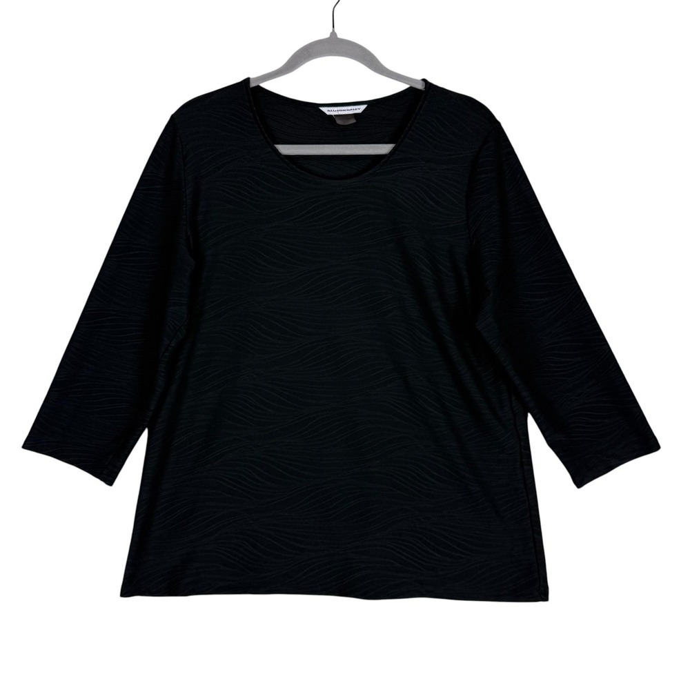 Allison Daley Blouse Womens Medium Black Textured Knit Scoop Neck 3/4 Sleeve‎